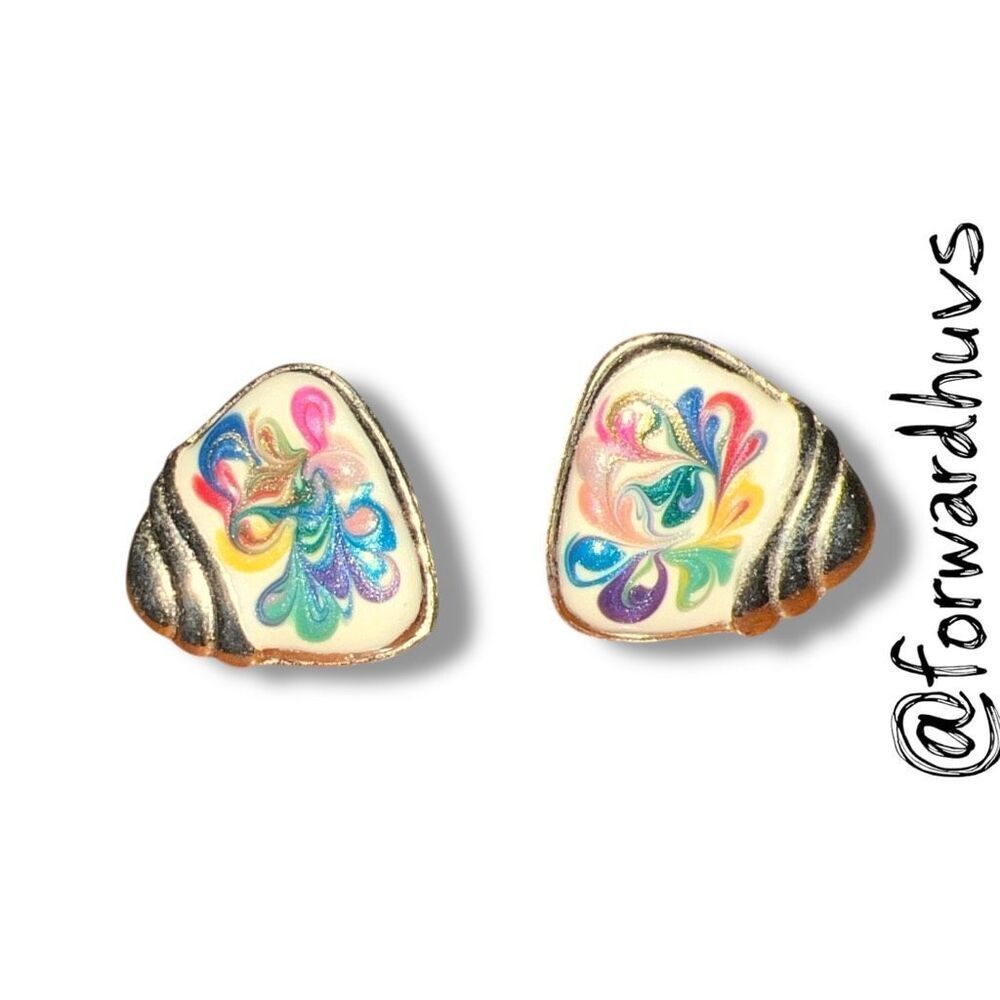 Vintage Gold-Tone Clip-On Earrings – Swirl Enamel Multicolor Design